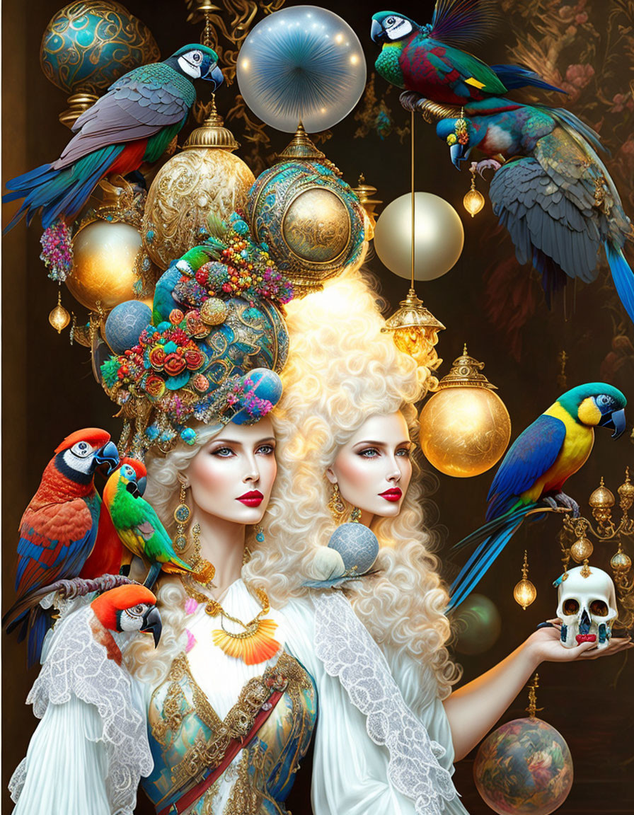 Stylized women in ornate scene with parrots, flowers, baroque elements