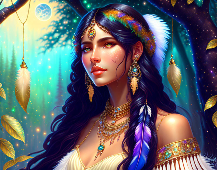 Illustrated woman with feather headdress and celestial backdrop.