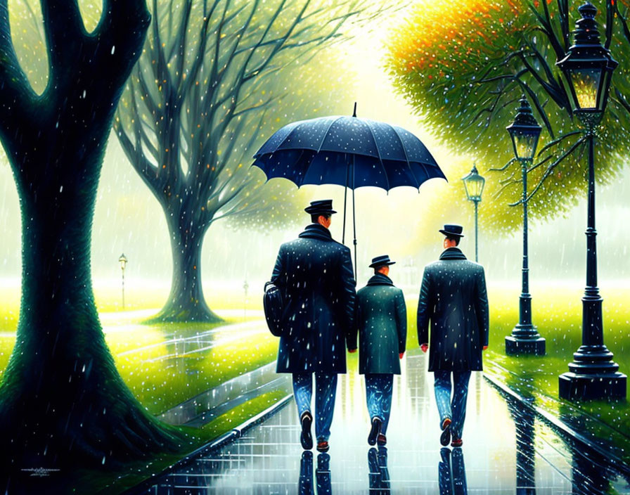 Three people walking under umbrella on rainy path.