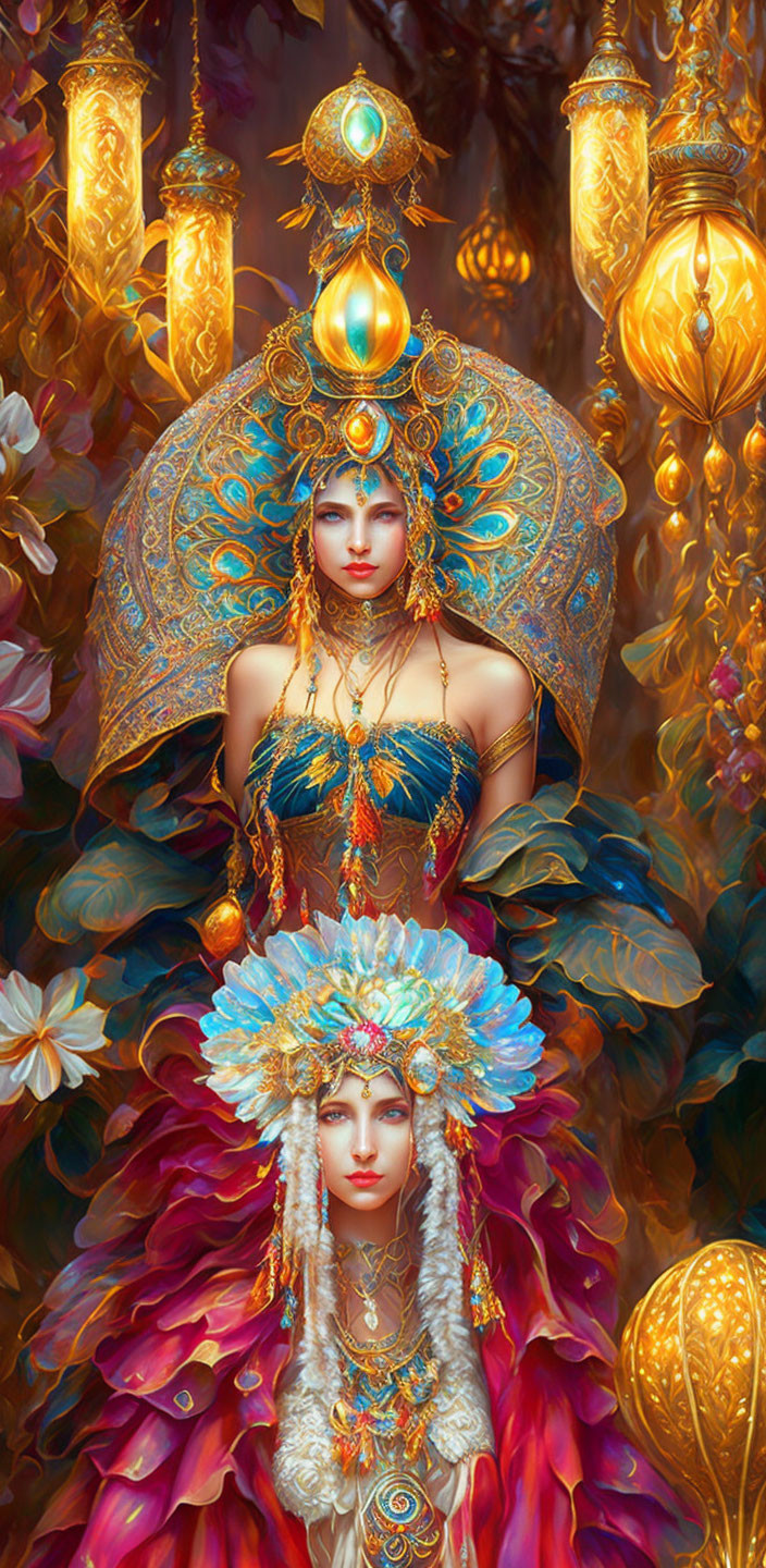 Fantasy-inspired image: Two characters with ornate headdresses in a lush floral setting