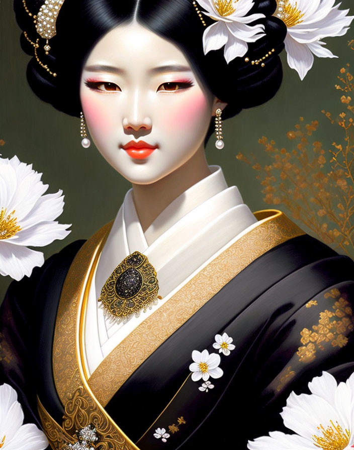 Digital painting of pale-skinned woman in Asian attire with red cheeks and white flowers.