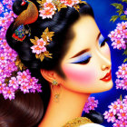 Colorful portrait of woman with peacock hair ornament and pink blossoms