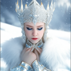 Fantastical female figure with blue eyes and silver hair in gem-encrusted crown and fur