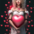 Woman with White Hair Holding Glowing Heart Surrounded by Hearts