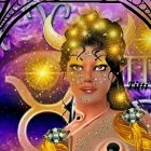 Fantasy-themed digital artwork of a woman with golden horned headdress