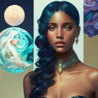 Stylized digital portrait of woman with blue hair and mermaid in circular frame