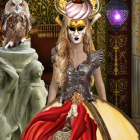 Fantasy portrait with golden mask, headdress, white hair, red cloak