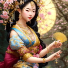 Traditional East Asian woman in floral attire with fan on floral background