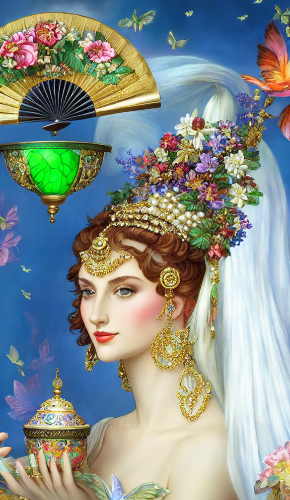 Illustration of woman with white hair, flowers, golden jewelry, pot, fan, lantern, butterflies