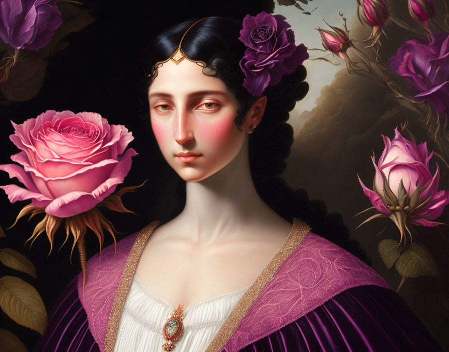 Digital Artwork: Woman in Purple Dress with Headdress and Pink Roses