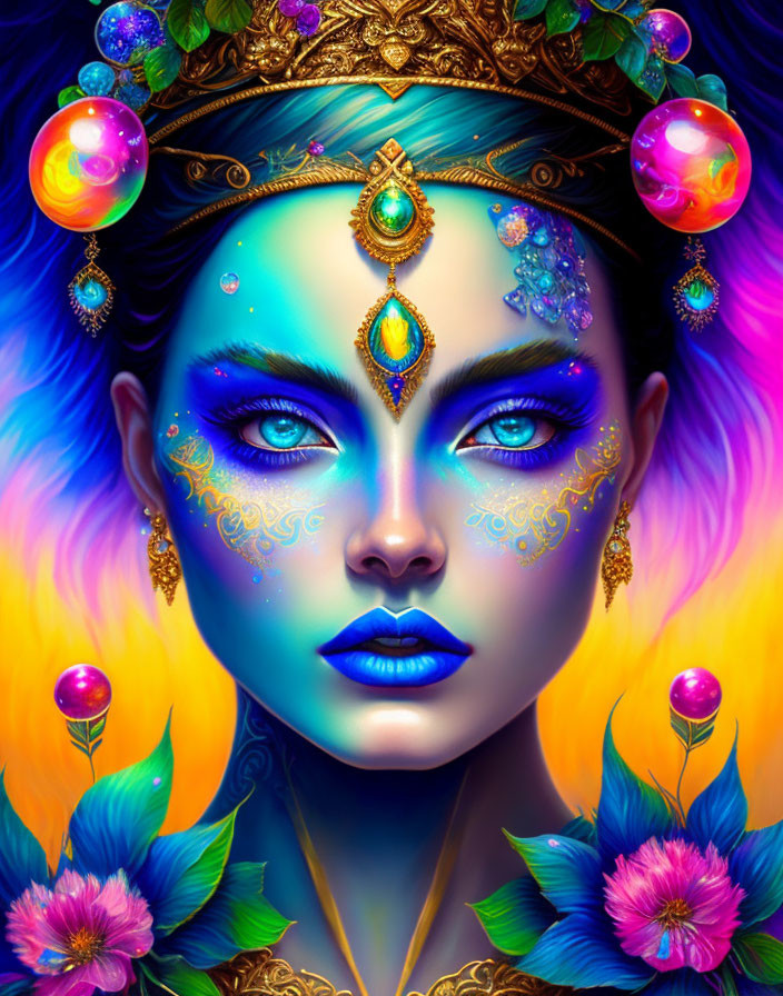 Colorful artwork featuring a woman with blue skin, gold jewelry, and floating orbs