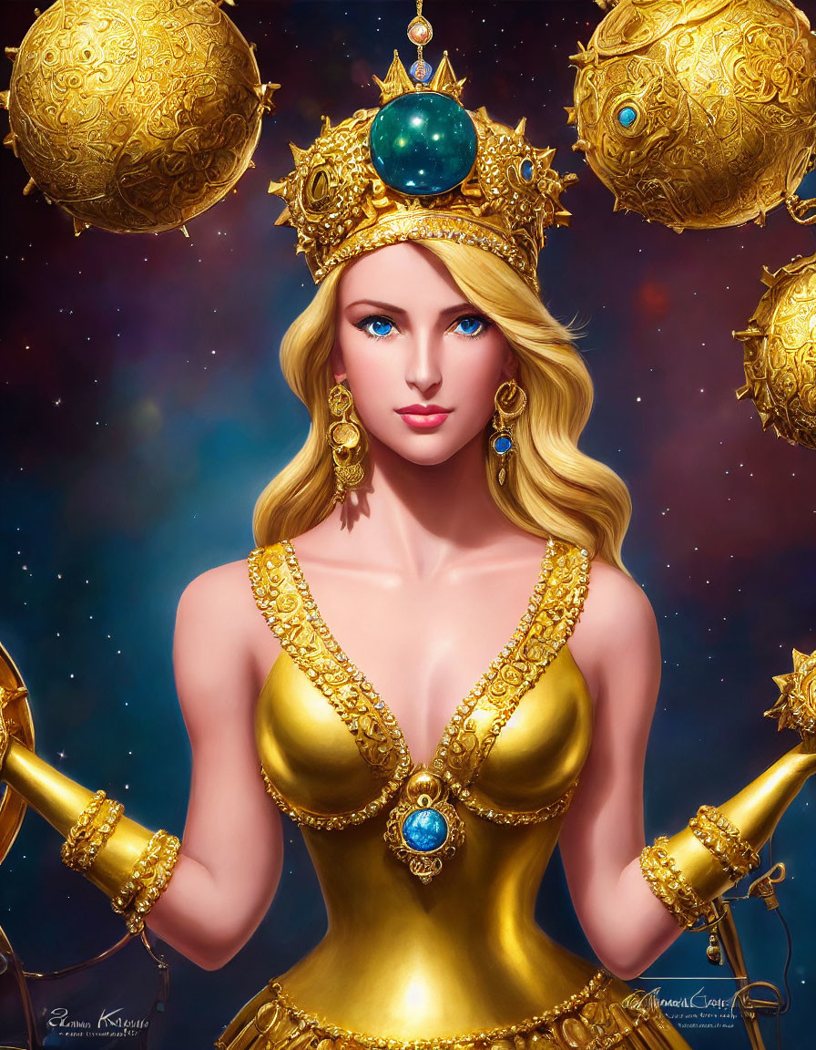 Digital portrait of woman with golden jewelry and crown against starry backdrop