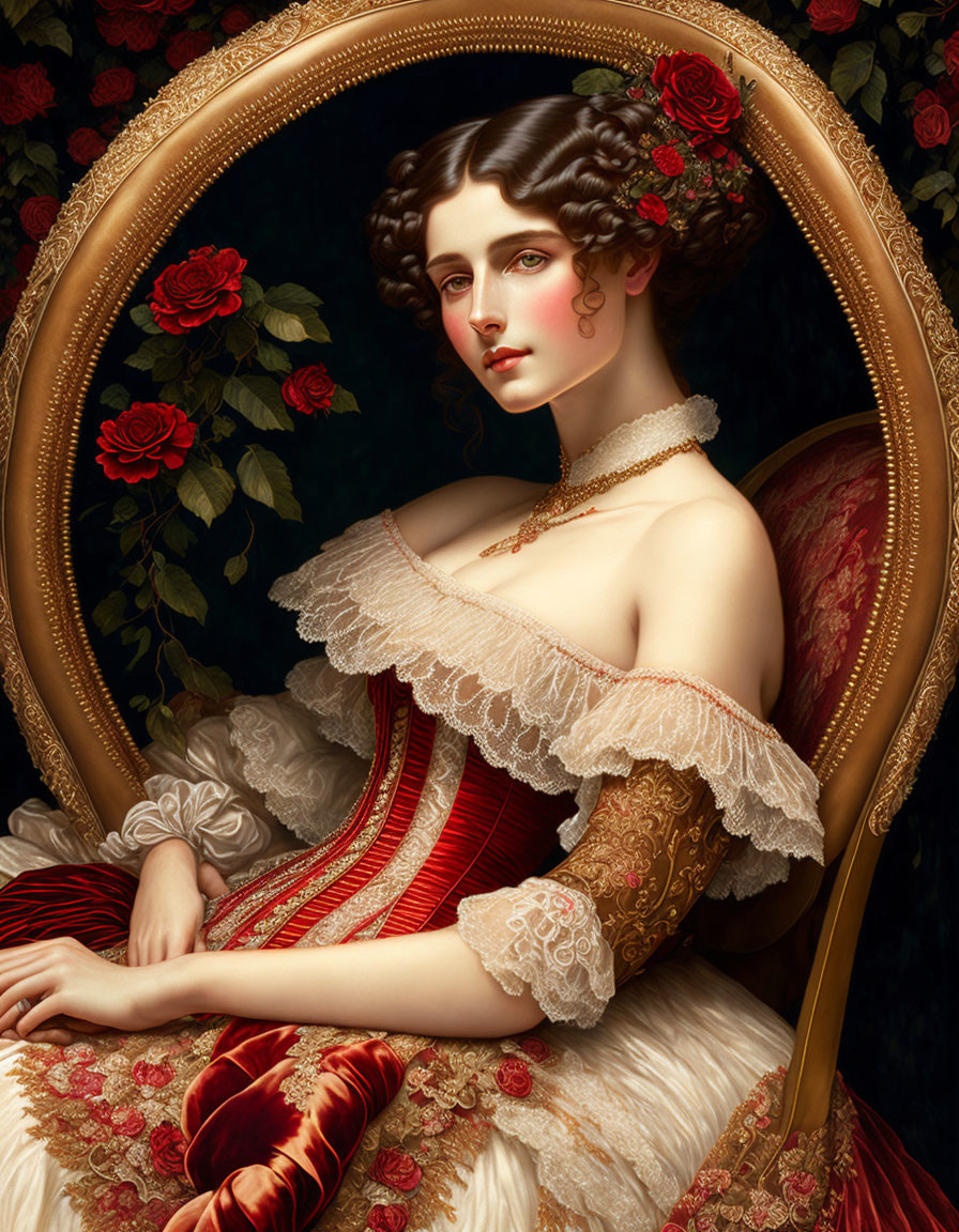 Victorian-style portrait of a woman with pale skin and curly hair in red dress by gilt frame