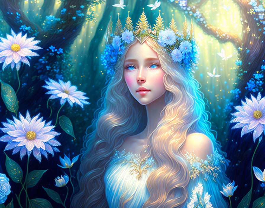 Woman with Golden Hair and Floral Crown in Enchanted Forest Setting