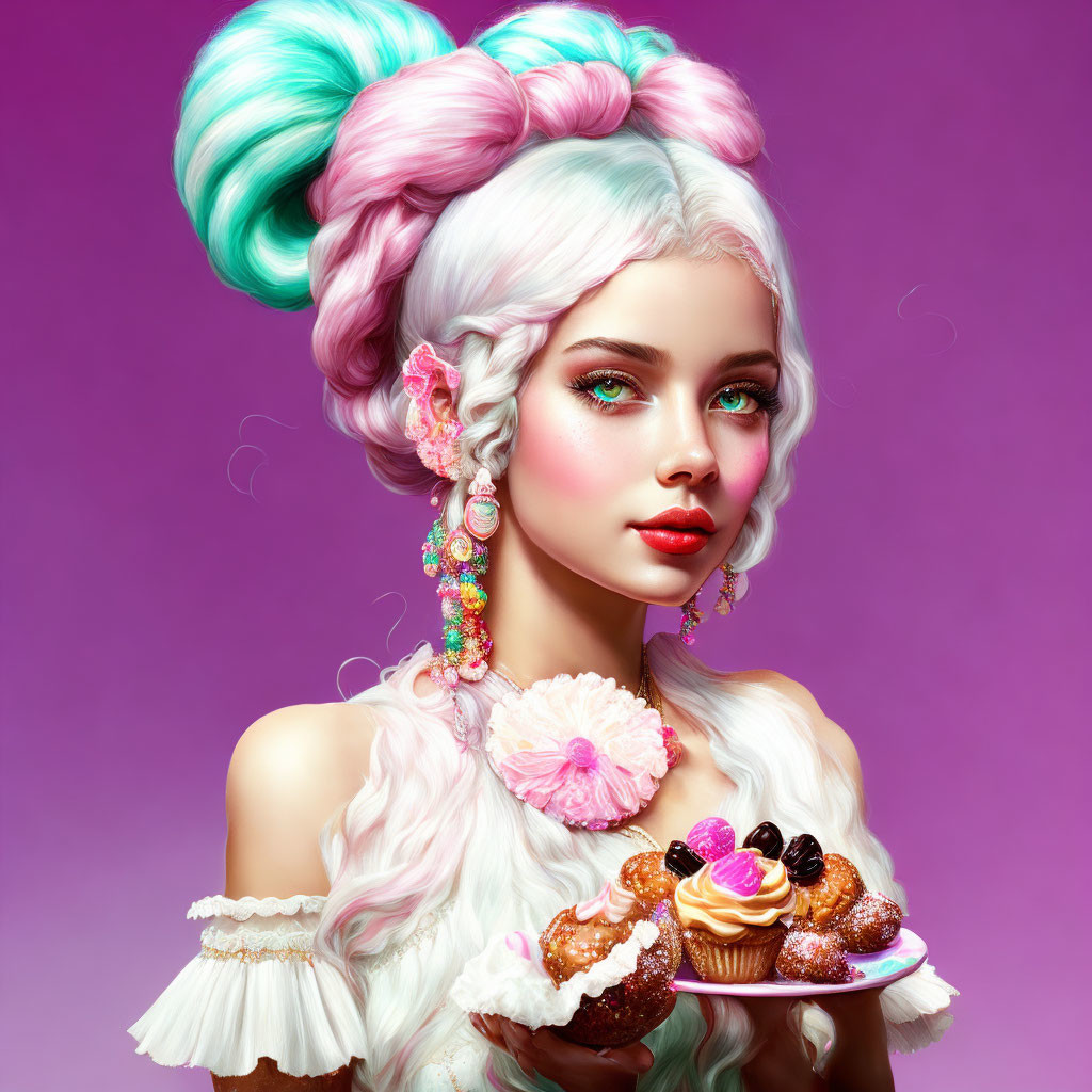 Colorful illustration of woman with pastel hair holding desserts on purple background