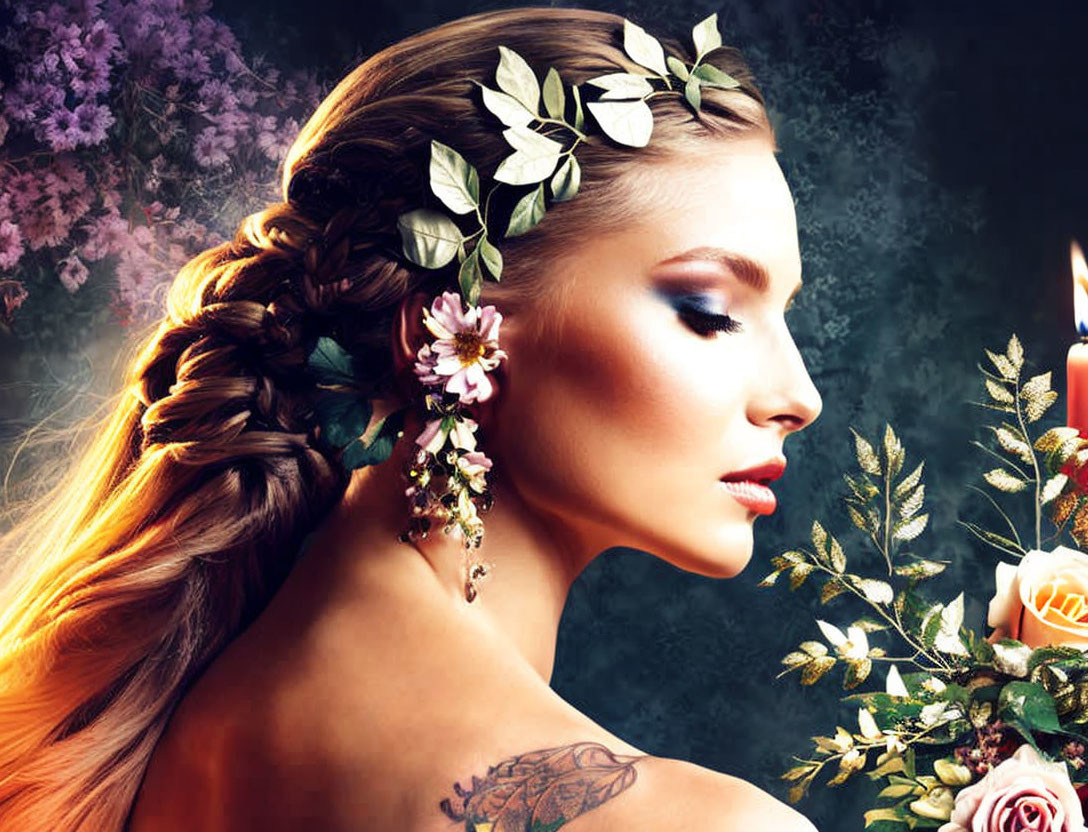 Woman with White Flower Adorned Braid, Floral Earring, Tattoo, and Bouquet