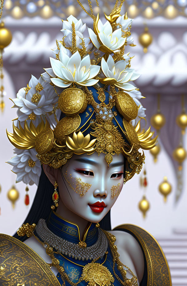 Regal figure with golden headdress and blue outfit on patterned backdrop