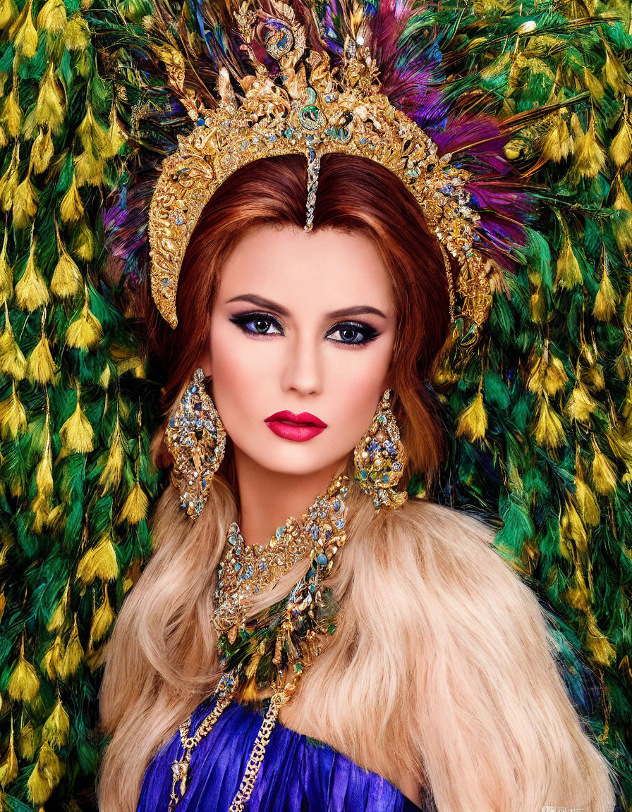 Woman with dramatic makeup and peacock feather headdress on vibrant backdrop