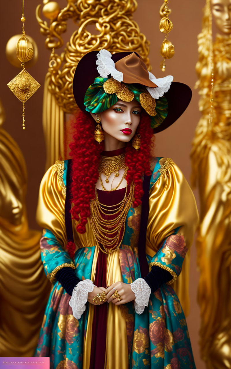 Red-haired woman in baroque attire with gold accents and ornate backdrop