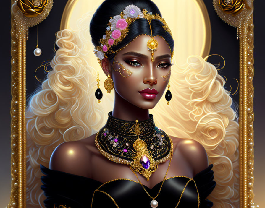 Illustration of woman with golden hair and jewelry in moonlit setting