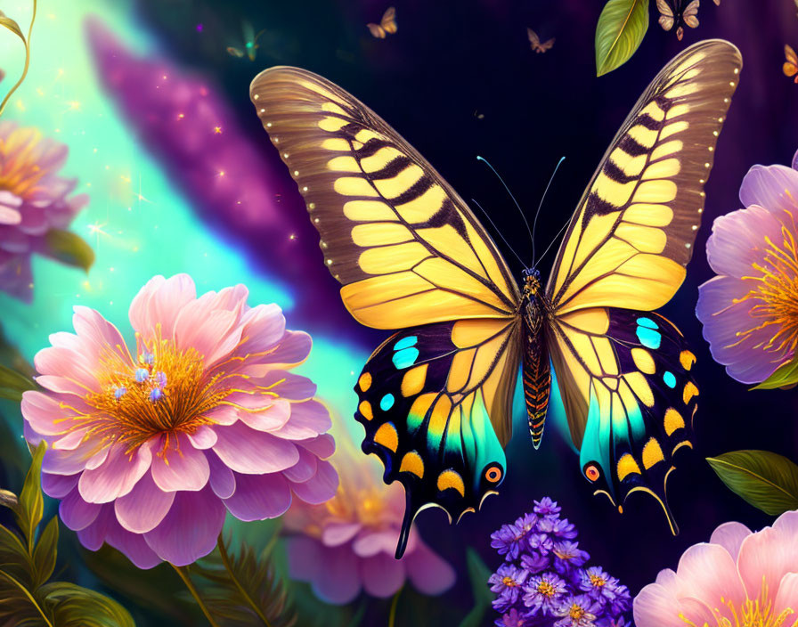 Colorful Butterfly Resting on Flowers Against Celestial Background