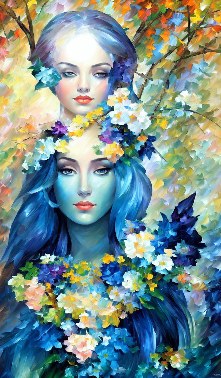 Vibrant painting of two women with floral elements in autumnal setting