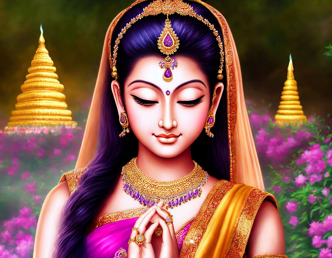 Traditional Indian attire woman illustration with temple backdrop