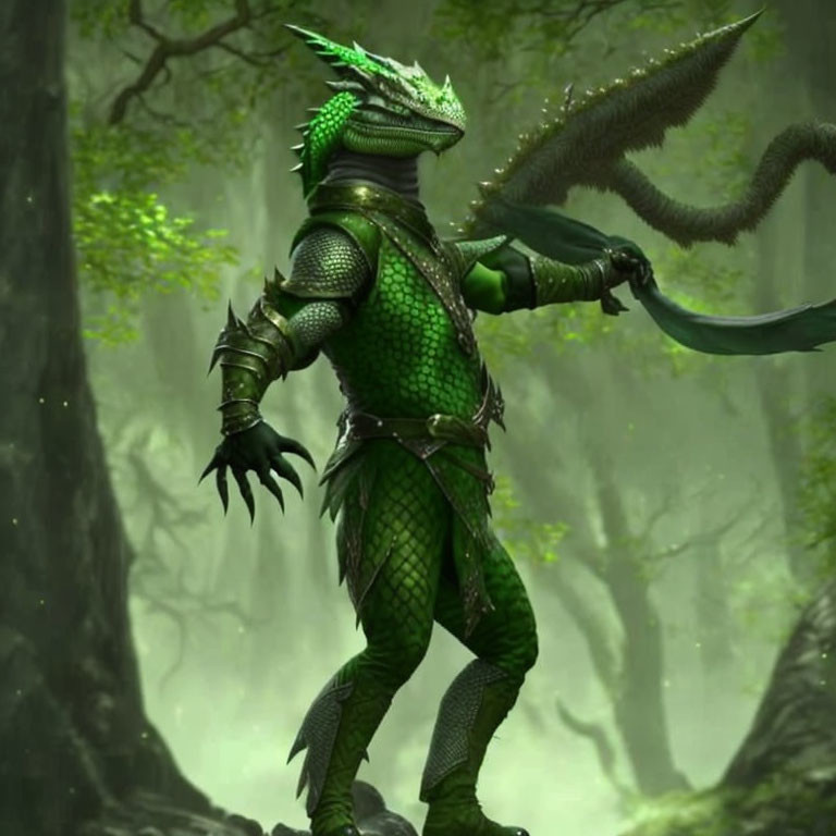 Green-Scaled Dragon-Like Humanoid Creature in Misty Forest