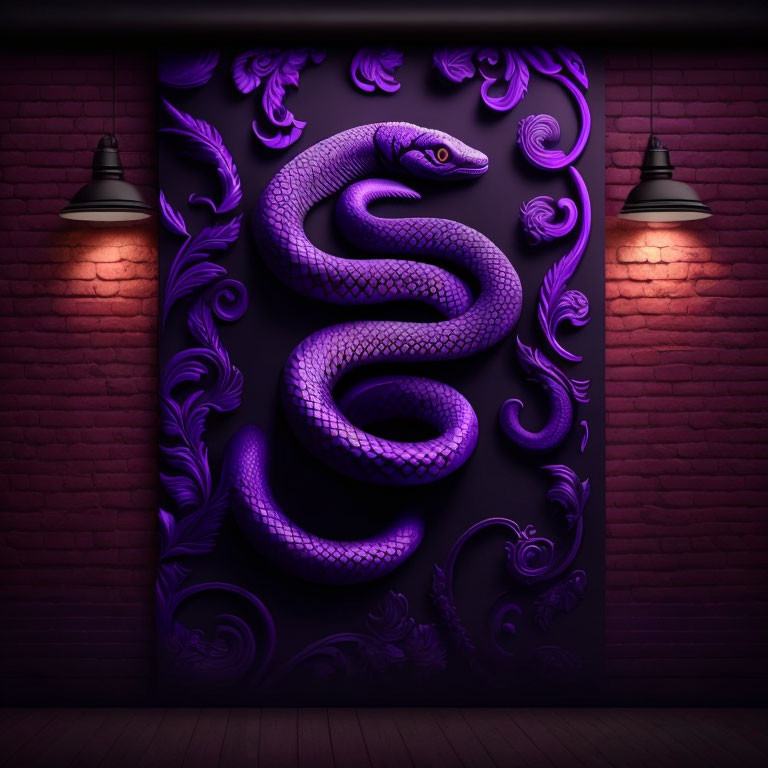 Purple 3D snake illustration on dark panel with ornate details under warm pendant lamp lighting