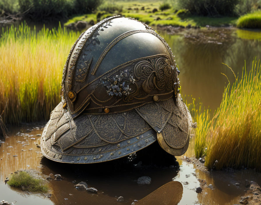 Medieval helmet with intricate designs by a pond in grassy surroundings