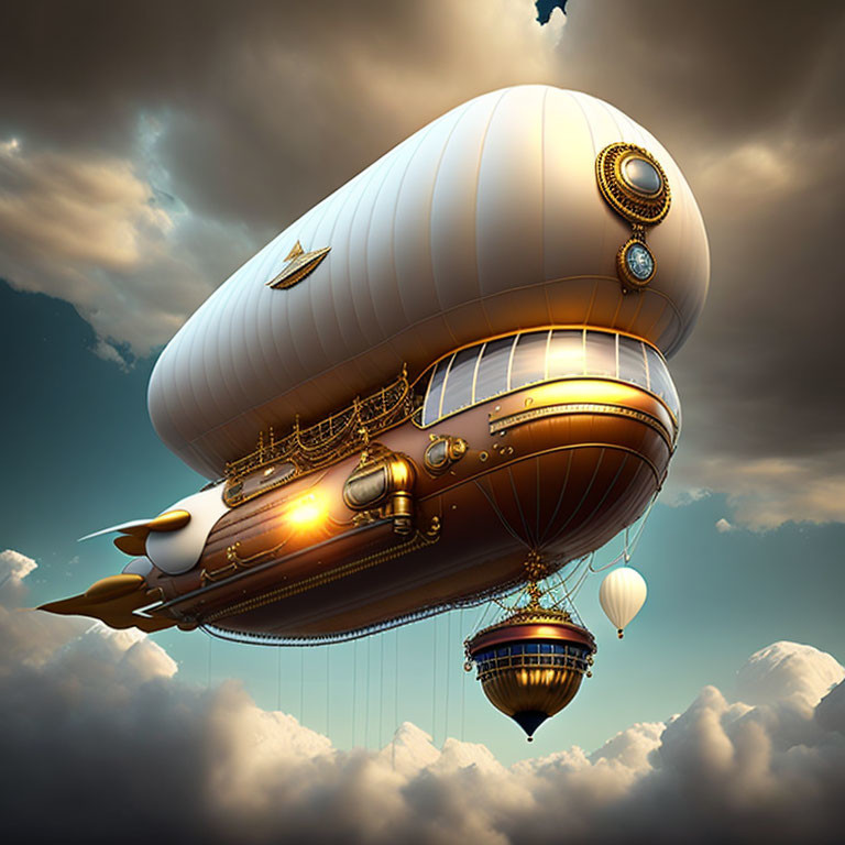 Steampunk airship with brass and wood details in cloud-dotted sky