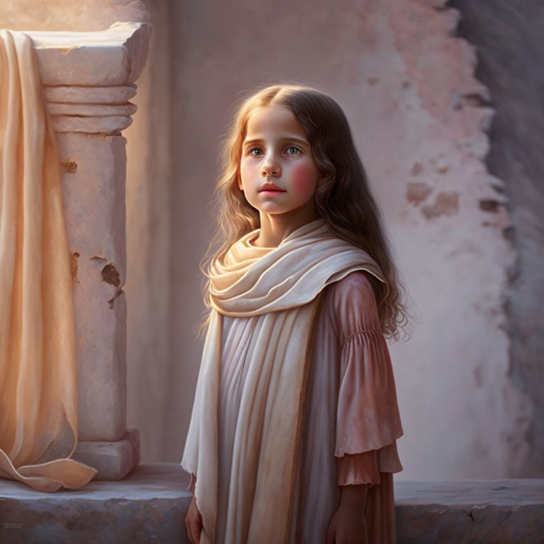 Young girl in classical attire beside column under warm light