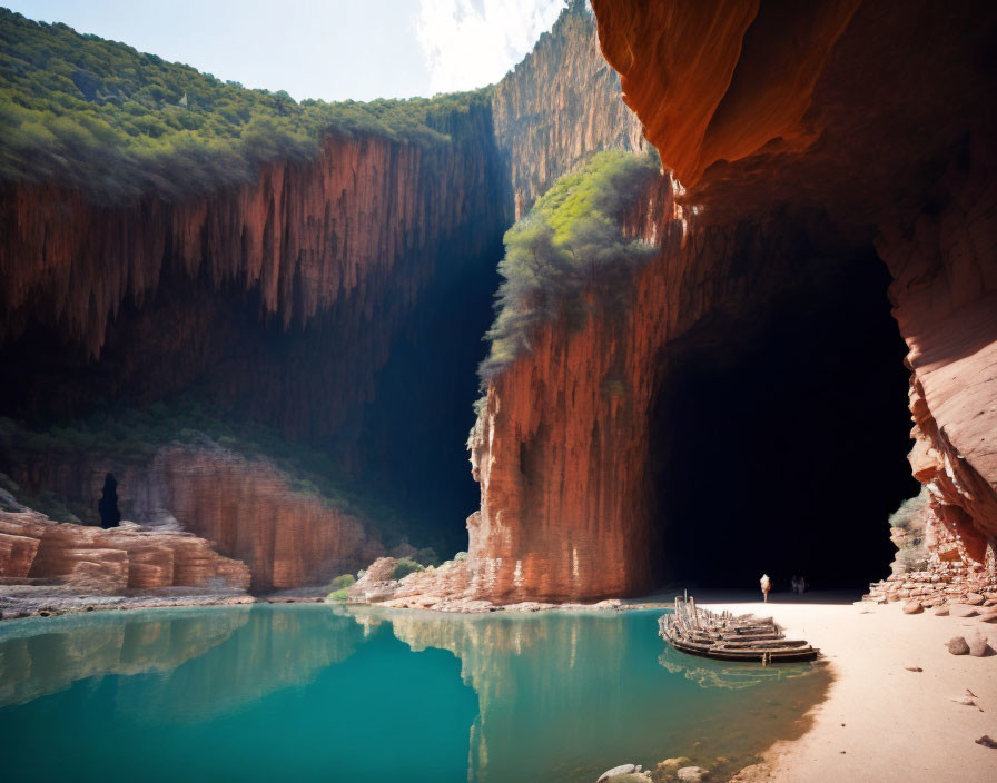 Majestic cave with turquoise water, towering cliffs, lush greenery, and wooden dock.