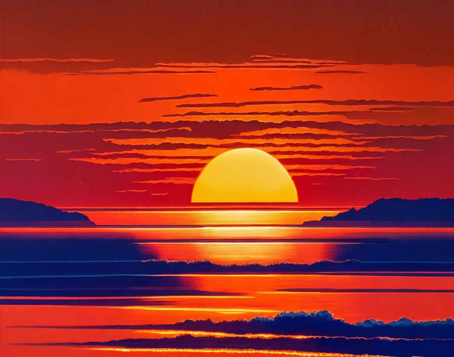 Vibrant sunset with large sun setting over calm sea