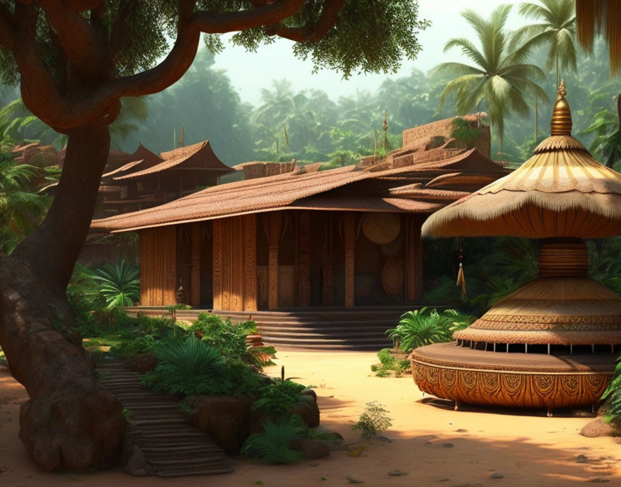 Tranquil forest scene with traditional wooden buildings and lush greenery