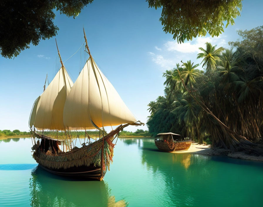 Traditional sailboat with raised sails near lush riverbank