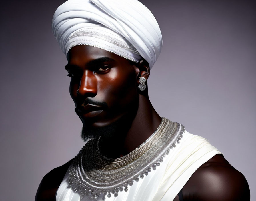 Dark-skinned man in white turban, sleeveless top, layered necklaces, piercing gaze.