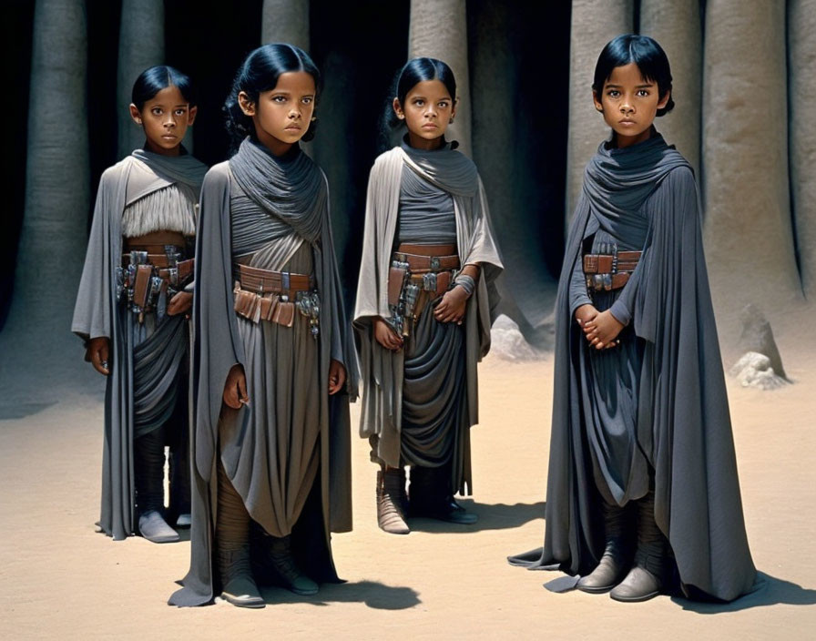 Four children in Jedi costumes against sandy pillar backdrop