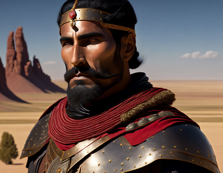 Bearded male character in ornate armor and headband in desert setting