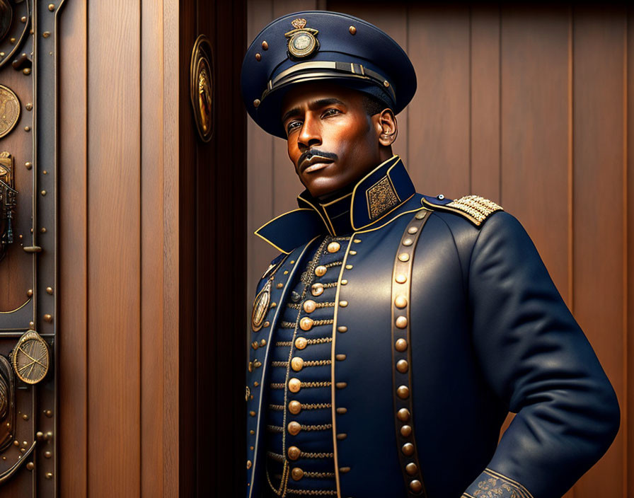 Detailed Blue Military Uniform with Gold Trim on Dignified Man