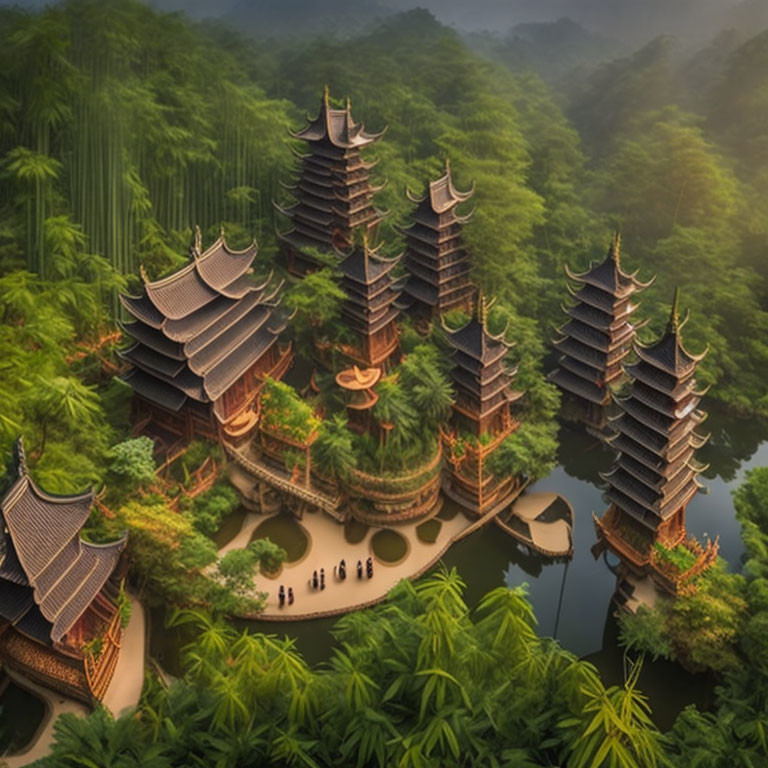 Scenic multi-tiered pagodas in lush green setting with footbridges