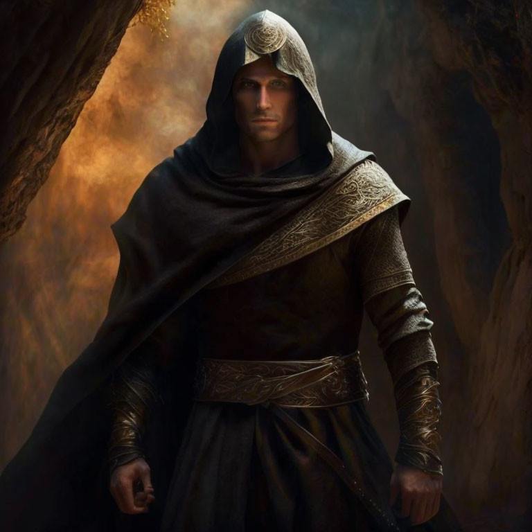 Mysterious Figure in Hooded Cloak in Shadowy, Fiery Landscape