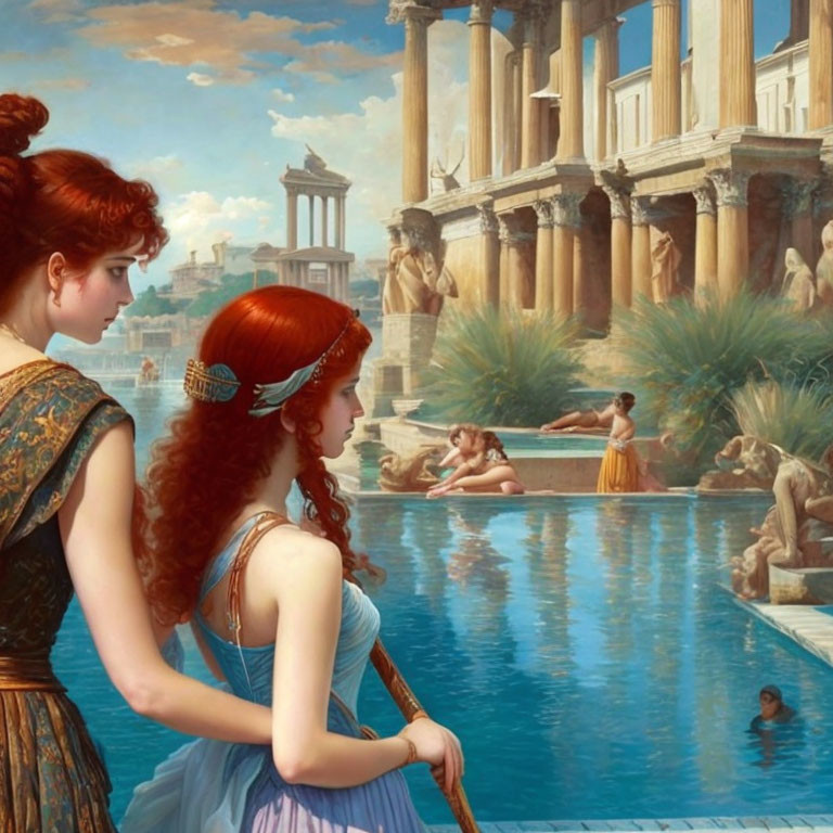 Classical attired women by serene pool with ancient architecture and swimming people.