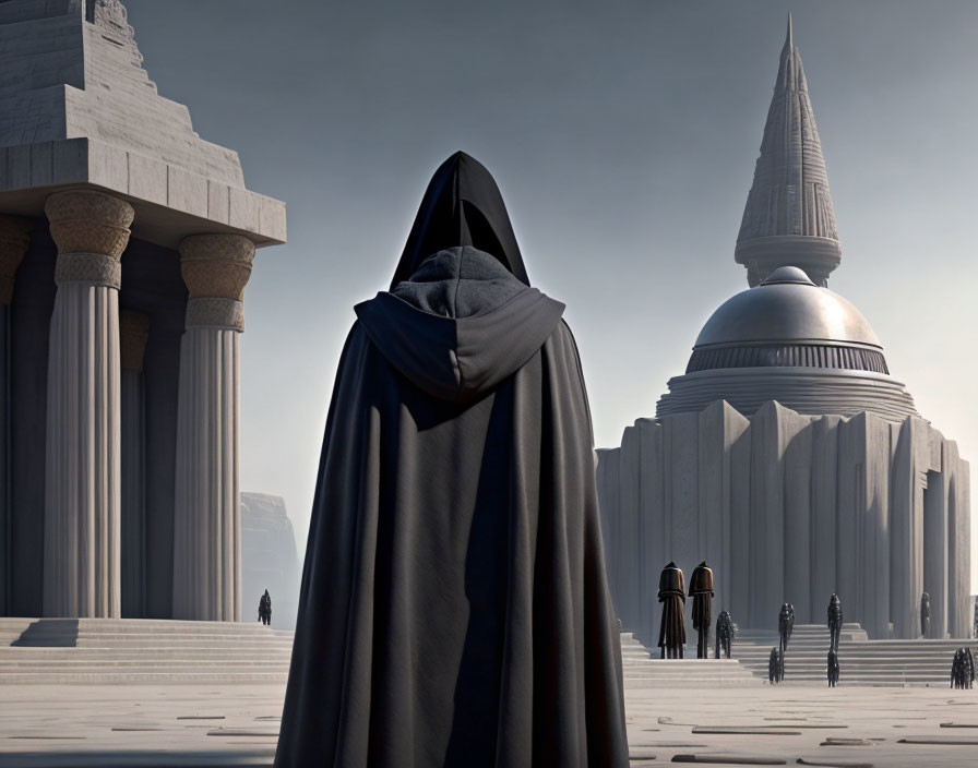 Cloaked figure in front of futuristic architecture with columns and two people under serene sky