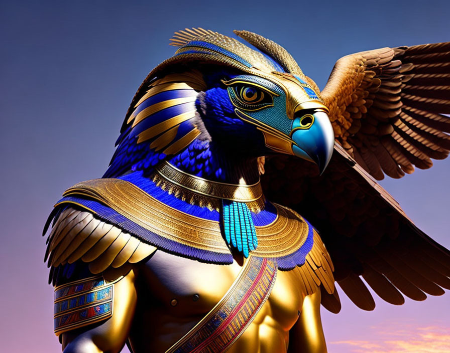 Falcon with human-like features in Egyptian-inspired plumage against sunset sky