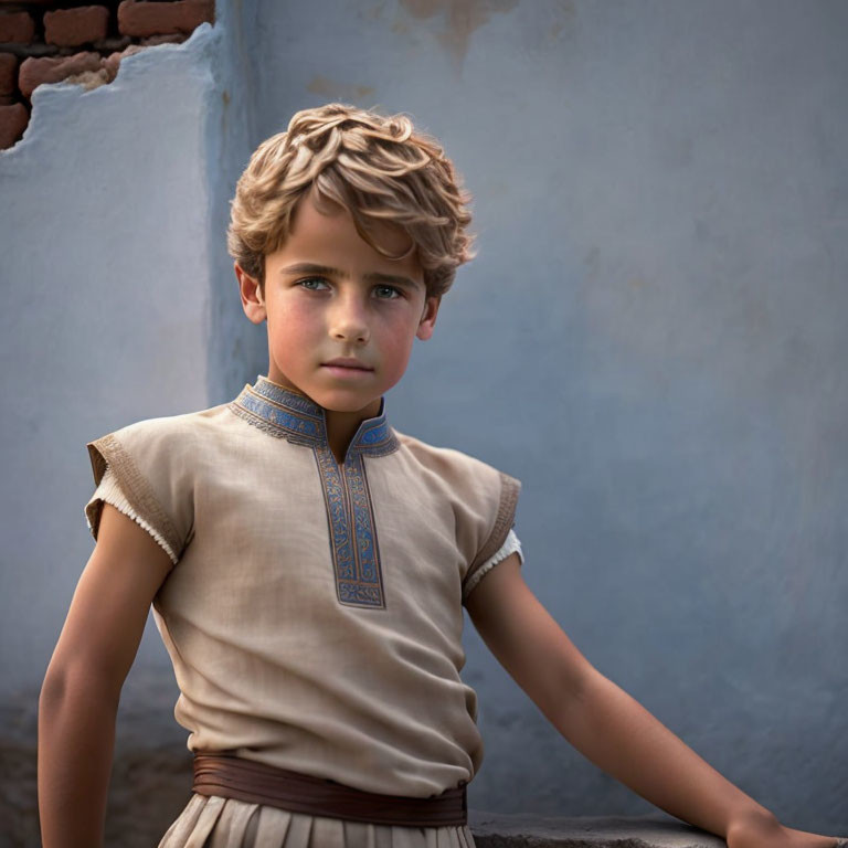 Curly-Haired Boy in Vintage Beige Outfit Against Blue Wall