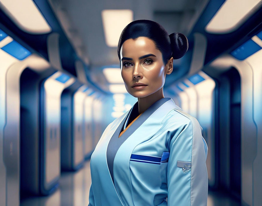 Confident woman in futuristic blue uniform in sci-fi corridor