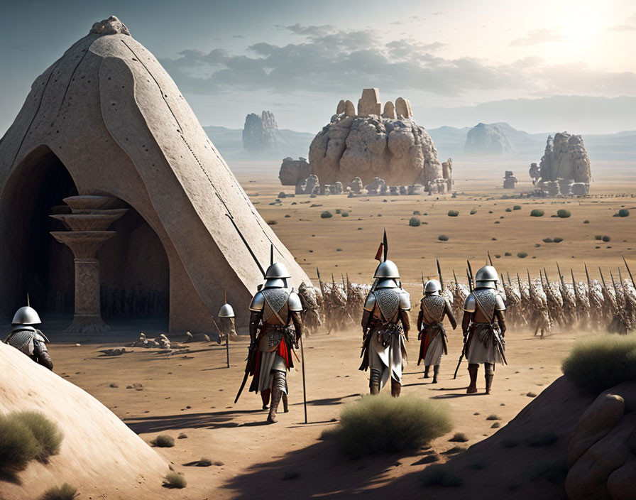 Medieval knights in armor near fortress in desert landscape