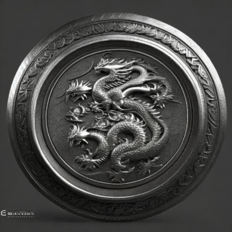 Ornate Round Metal Shield with Twin Dragon Design