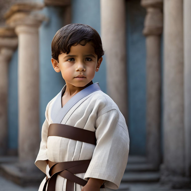 Child in martial arts uniform with brown belt poses by classical columns